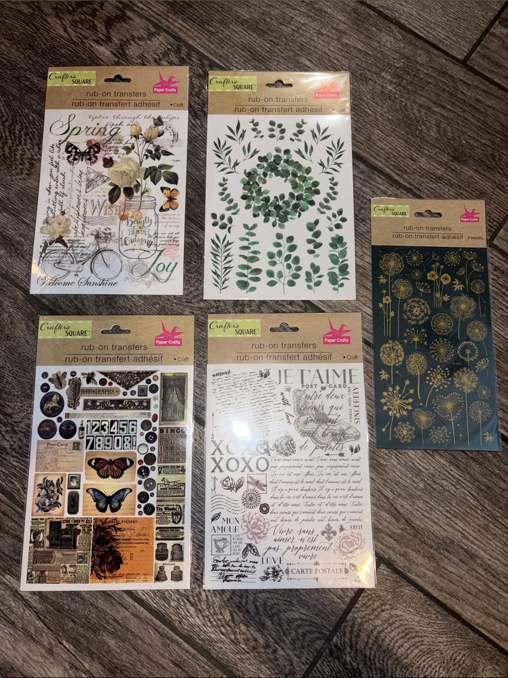 Lot of 5 rub on transfers by Crafter’s Square Florals Leaves Butterfly Script